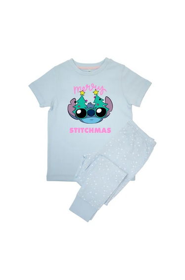 Lilo & Stitch Girls Merry Stitchmas Cotton Short-Sleeved Long Pyjama Set - Baby Blue