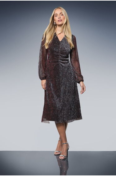 Petite Plissed V Neck Midi Dress