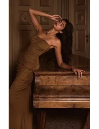 PLT Label Golden Olive Slinky Ruched Bandeau Fishtail Maxi Dress - 1