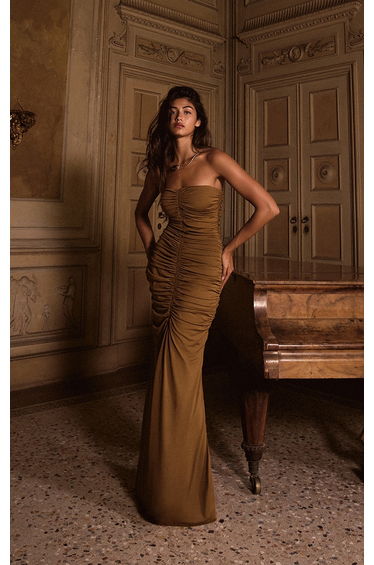 PLT Label Golden Olive Slinky Ruched Bandeau Fishtail Maxi Dress