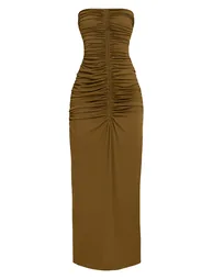 PLT Label Golden Olive Slinky Ruched Bandeau Fishtail Maxi Dress - 5