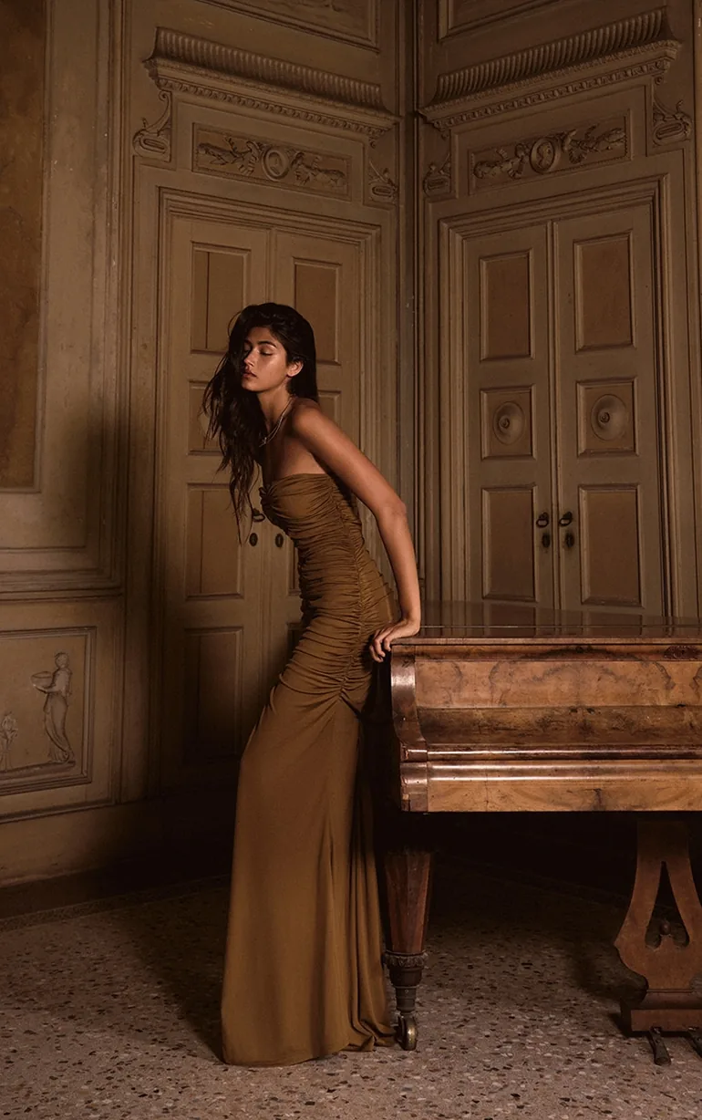 PLT Label Golden Olive Slinky Ruched Bandeau Fishtail Maxi Dress - 4