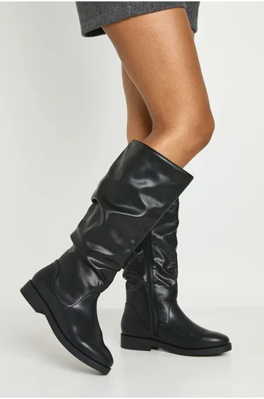 Extra Wide Fit Wider Calf Flat Heel Knee High Boots - black