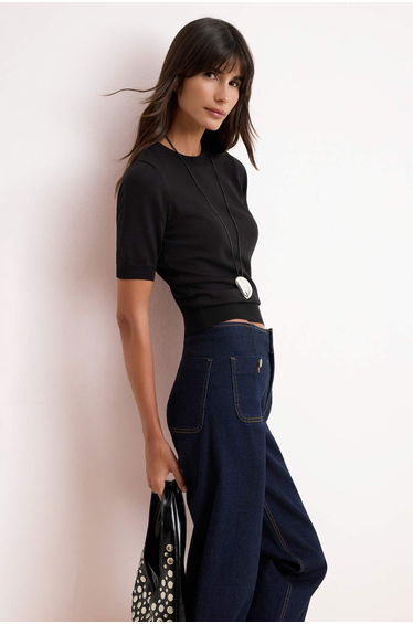 Black More Sustainable Crew Neck Regular Blouse