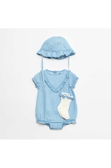 3-Piece Romper Hat and Socks Set BLUE