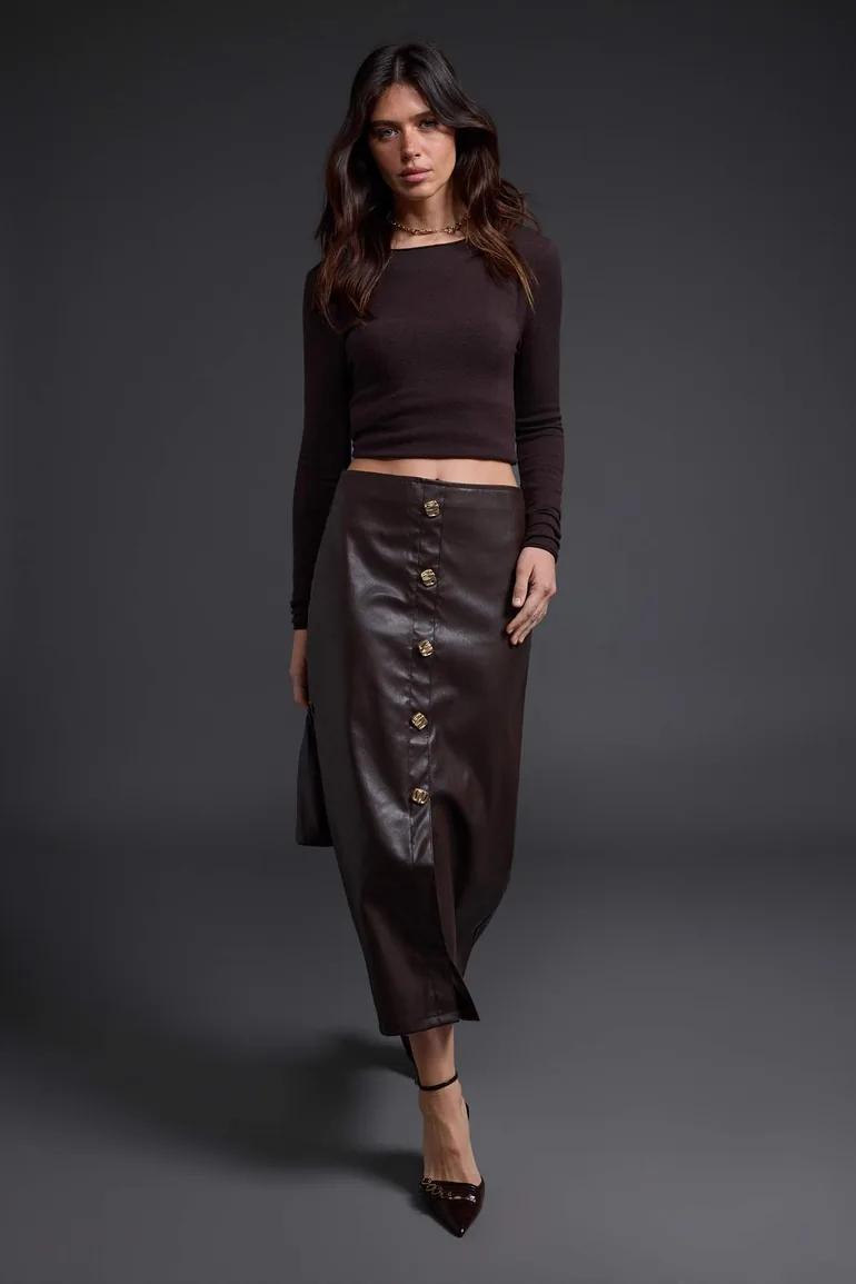 Brown Straight Midi Faux Leather Knitted Skirt - 5