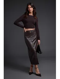 Brown Straight Midi Faux Leather Knitted Skirt