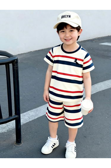 Boys Striped Round Neck T-Shirt and Shorts Set