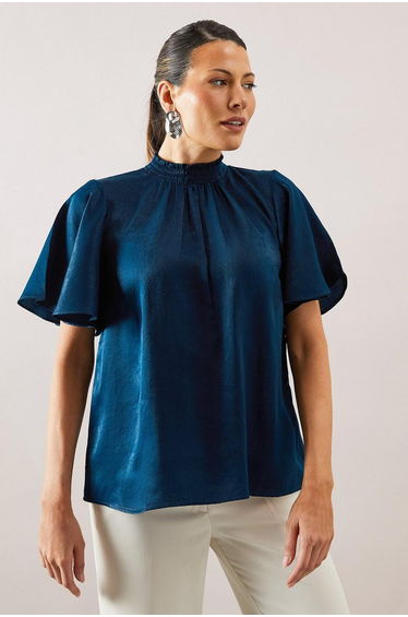 Hammered Satin Shirred Neck Blouse