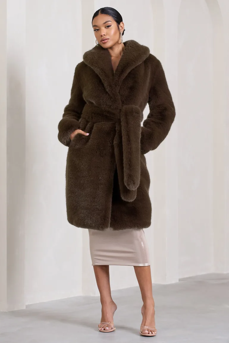 Slopeside | Brown Long Belted Faux Fur Coat - 5