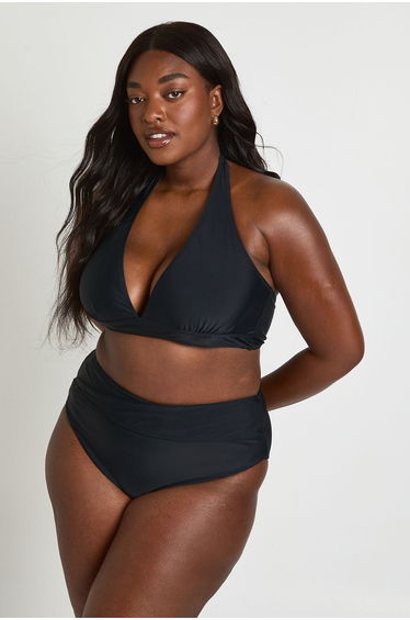 Plus Tummy Control Wrap Over Waist Bikini Bottom - black