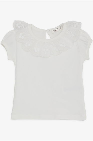 Girls' T-shirt with Lace Embroidered Collar, Ecru