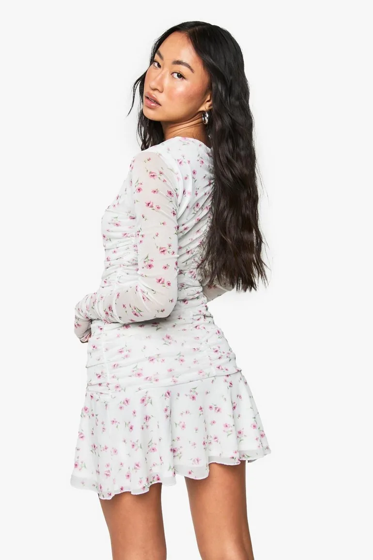Floral Printed Ruched Plunge  Skater Dress - white - 2