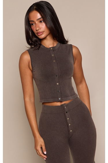 Petite Chocolate Contour Rib Front Popper Sleeveless Top
