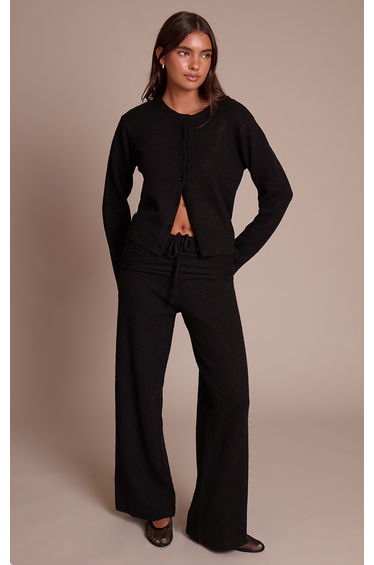 Black Rib Soft Knit Fold over Trouser