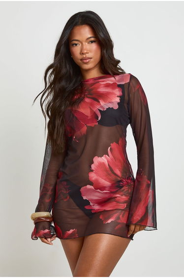 Floral Print Sheer Mesh Mini Beach Dres - red