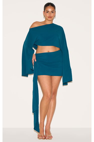Plus Teal Floaty Woven Knot Side Mini Skirt