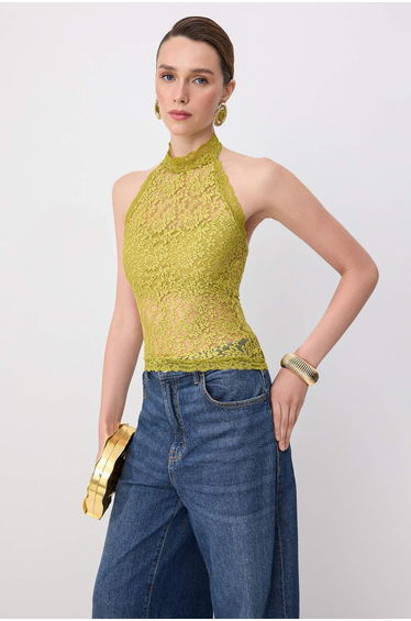 Oil Green Plain Halter Collar Sleeveless Knitted Lace Day/Night Blouse