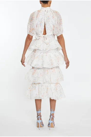 Harper Co-ord Cream Watercolour Organza Tiered Ruffle Midaxi Skirt