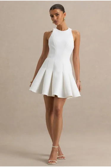 Leilani | White Racer-Neck Mini Dress With Ruffling Detail
