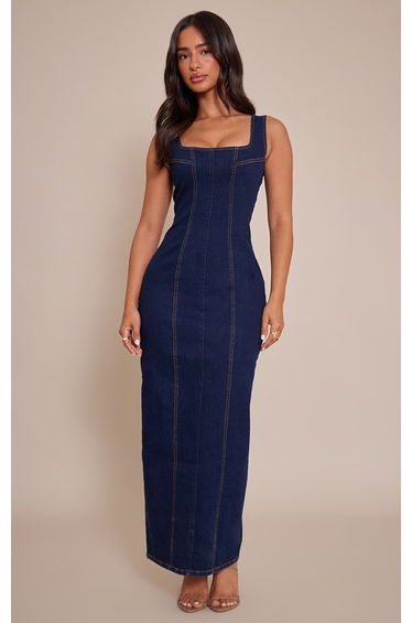 Petite Indigo Bodycon Seam Detail Denim Maxi Dress