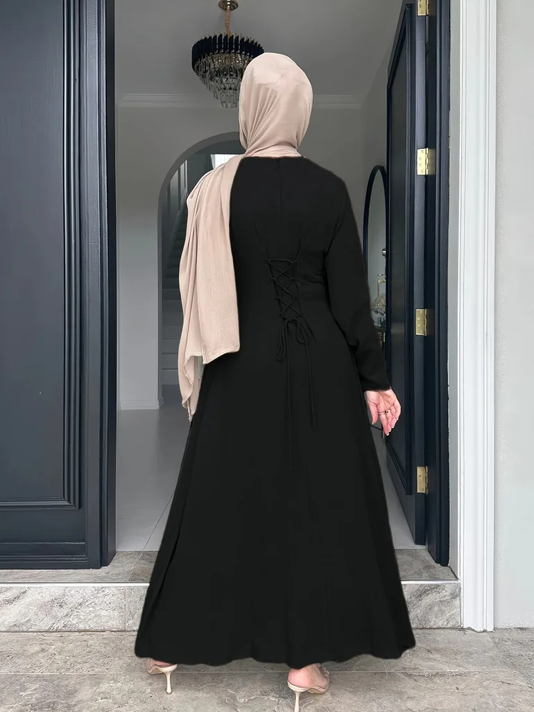 فستان ستايلي أسود ماكسي على شكل حرف A بأكمام طويلة - 1