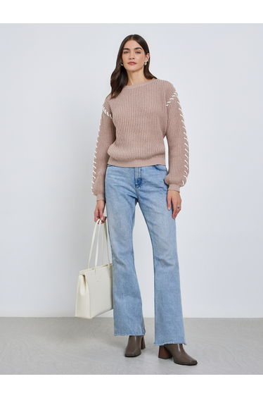 Beige Chunky Knit Sweater with Stitch Detail