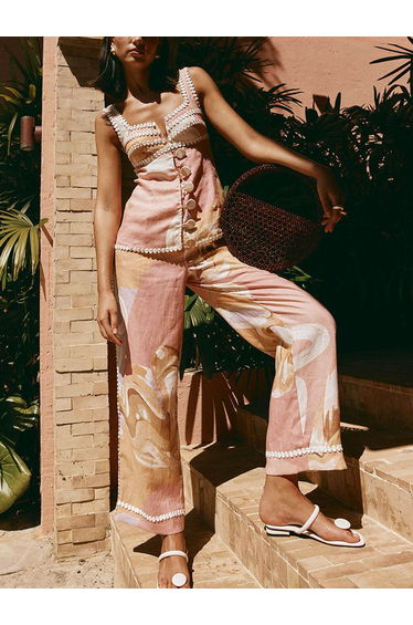 Summer Linen Blend Flowers Trims High Rise Pocket Loose Pants