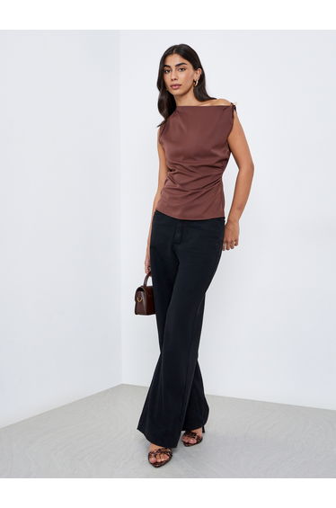 Brown Solid Asymmetric Neck Knit Top