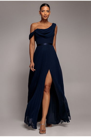 Goddiva Cowl Neck One Shoulder A-Line Chiffon Maxi Dress