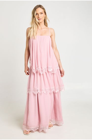 Petite Crinkle Chiffon & Lace Layered Maxi Dress - dusty pink