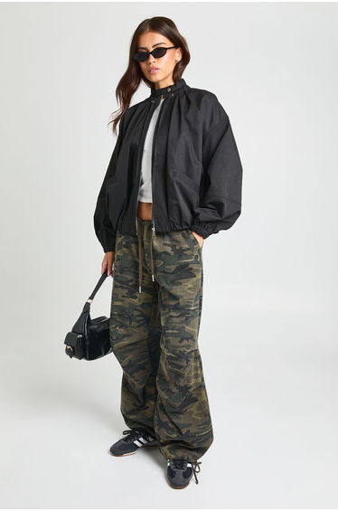 Zip Through Gather Detail Bomber Jacket - black