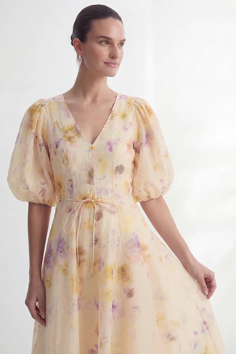 Summer Invite Apricot Floral Print Puff Sleeve Maxi Dress - 1