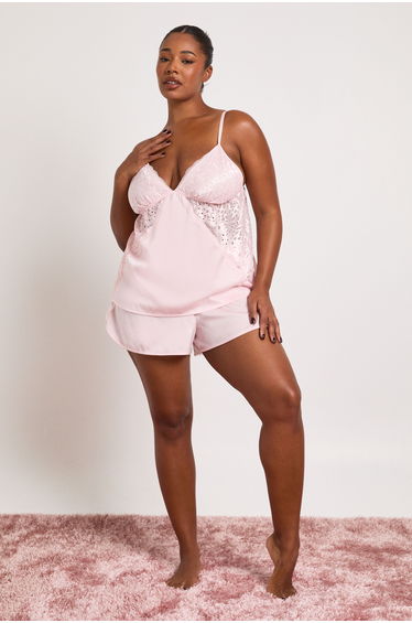 Plus Valentines Satin Lace Detail Cami & Short Pyjama Set - light pink