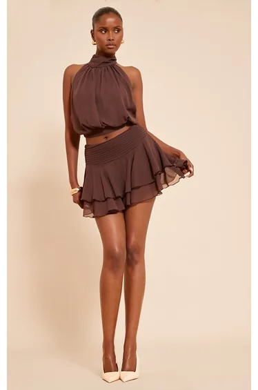 Chocolate Chiffon Pleated Ruffle Mini Skirt