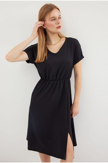 BDART Textured V-Neck Midi Knit Dress with Slit