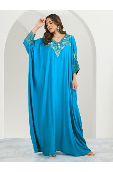 Embroidered Batwing Sleeve Jalabiya with V Neck