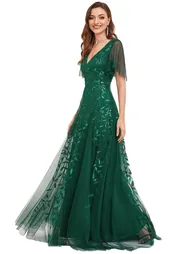 Deep V Neck Sequin Evening Gown With Short Sleeves - 2