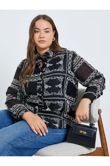 Plus Size Black Floral Embroidered Shirts