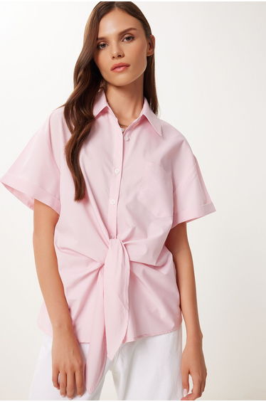 Women's Pink Tie Detail Poplin Shirt