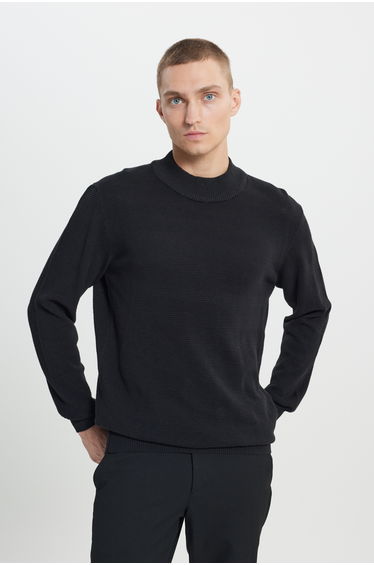 Men's Black Standard Fit Regular Cut Half Turtleneck Cotton Jacquard Knitwear Sweater