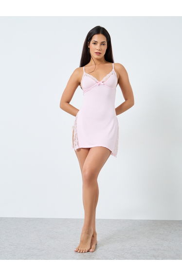 Solid Lace Trim Bow Detail Cami Slip Dress