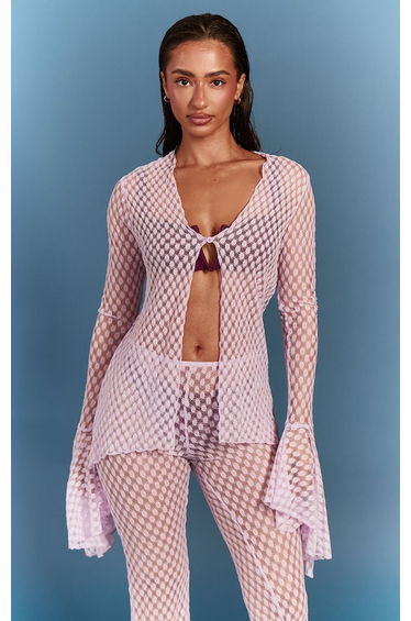 Lilac Textured Sheer Flare Sleeve Beach Shirt