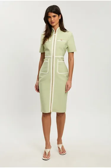 Petite Figure Form Bandage Knit Piping Detail Short Sleeve Military Midi Dress
