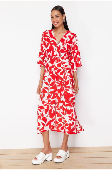 Red Shawl Pattern A Cut Double Breasted Neck Midi Woven Dress Woven Dress