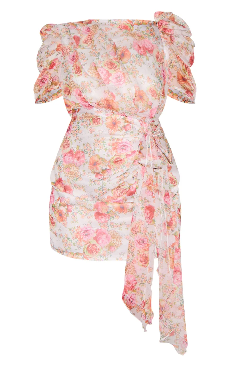 pink floral print chiffon one shoulder draped bodycon dress Plus Pink Chiffon Floral Print One Shoulder Draped Bodycon Dress  Prettylittlething : Dresses : VogaCloset Bahrain