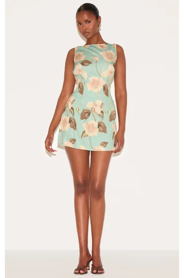 Green Boat Neck Linen Shift Dress