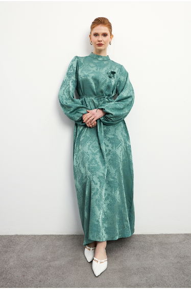 Rose-Detail Jacquard Dress - Mint
