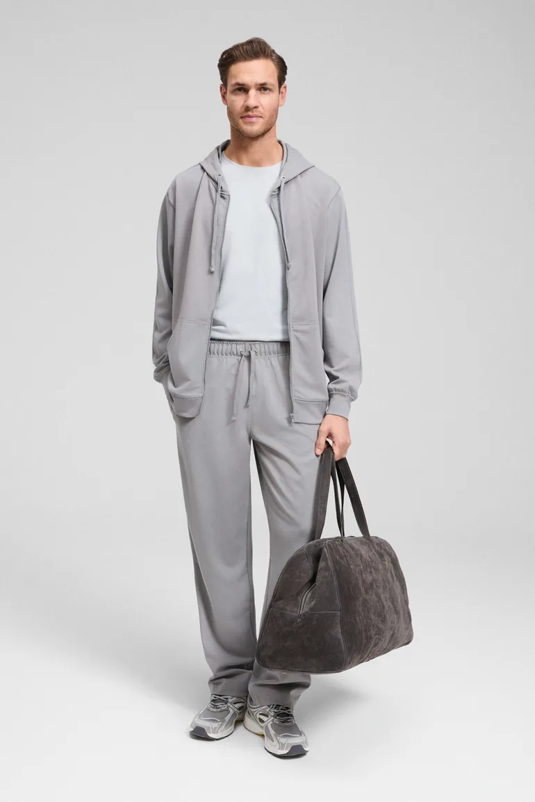 GRIMELANGE GAGE Men's Hooded Zip-Up Sweatshirt with Metal Eyelet Details, Drawstring, and Pockets in Gray