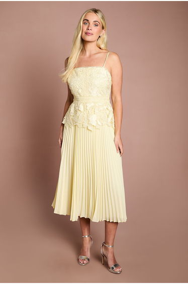 Petite Satin Lace Pleated Midi Dress
